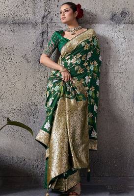 green banarasi silk blend zari woven saree with blouse 4