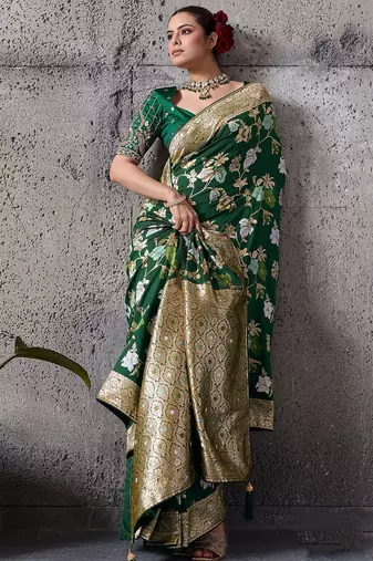 green banarasi silk blend zari woven saree with blouse