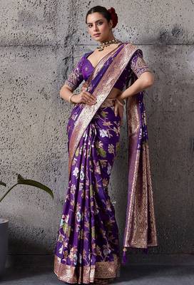 violet banarasi silk blend zari woven saree with blouse 1