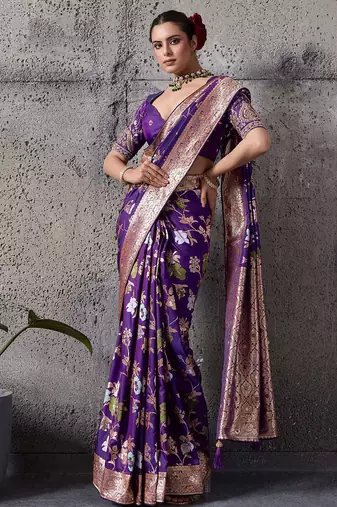 violet banarasi silk blend zari woven saree with blouse