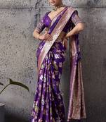 violet banarasi silk blend zari woven saree with blouse