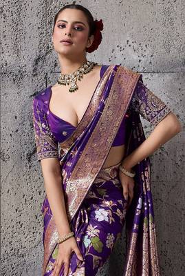 violet banarasi silk blend zari woven saree with blouse 2