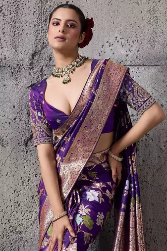 violet banarasi silk blend zari woven saree with blouse