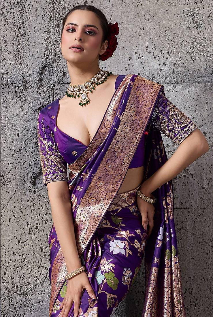 violet banarasi silk blend zari woven saree with blouse