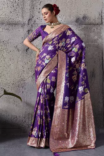violet banarasi silk blend zari woven saree with blouse