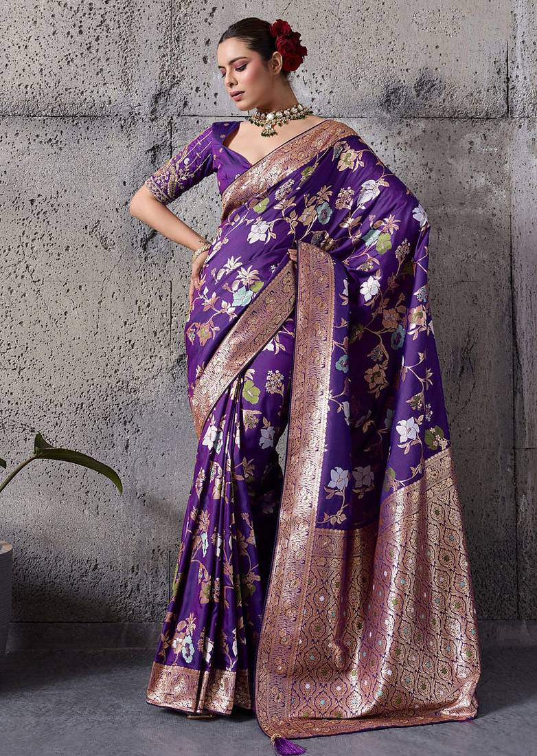 violet banarasi silk blend zari woven saree with blouse