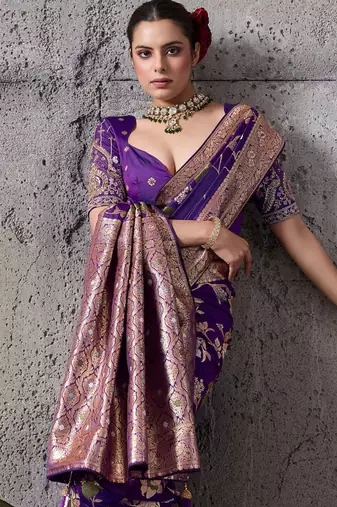 violet banarasi silk blend zari woven saree with blouse