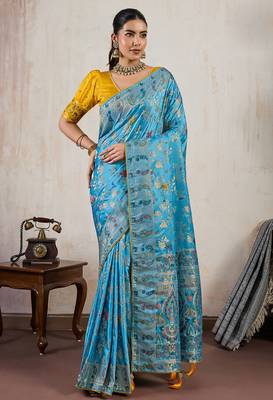 Aqua blue satin & makhmal meena triple woven saree with blouse 1