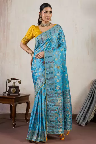 Aqua blue satin & makhmal meena triple woven saree with blouse