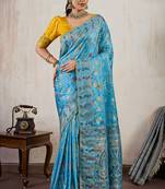 Aqua blue satin & makhmal meena triple woven saree with blouse