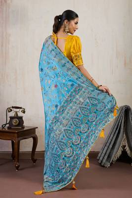 Aqua blue satin & makhmal meena triple woven saree with blouse 2