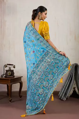 Aqua blue satin & makhmal meena triple woven saree with blouse