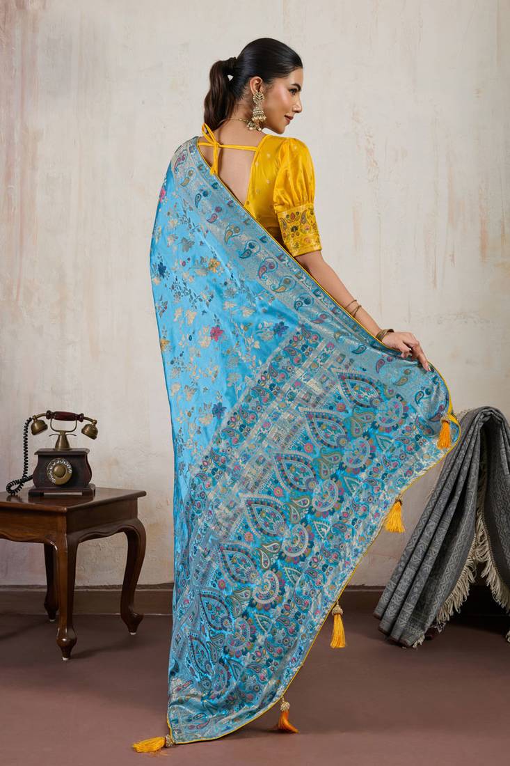 Aqua blue satin & makhmal meena triple woven saree with blouse