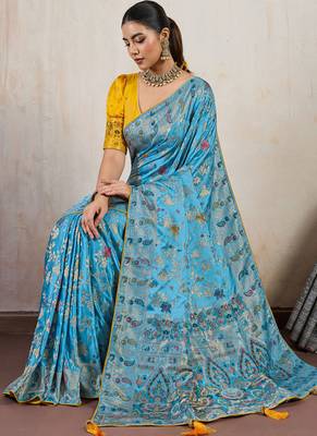 Aqua blue satin & makhmal meena triple woven saree with blouse 3