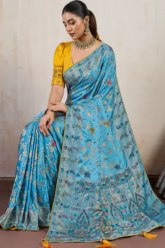 Aqua blue satin & makhmal meena triple woven saree with blouse