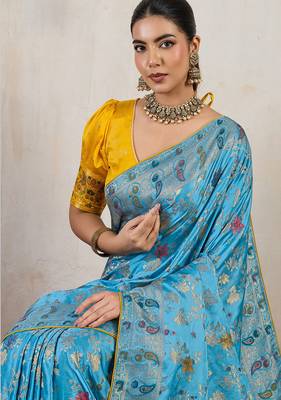 Aqua blue satin & makhmal meena triple woven saree with blouse 4