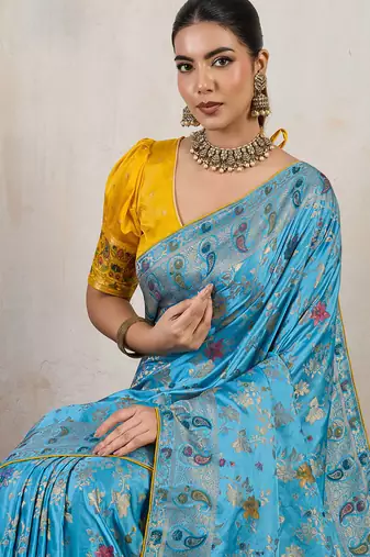 Aqua blue satin & makhmal meena triple woven saree with blouse
