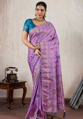 Lavender satin & makhmal meena triple woven saree with blouse 1