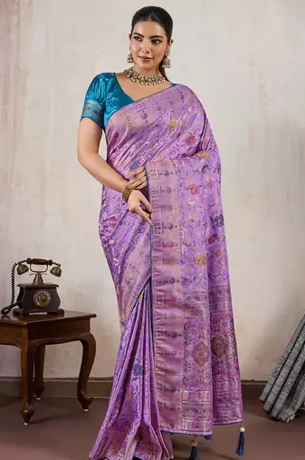 Lavender satin & makhmal meena triple woven saree with blouse