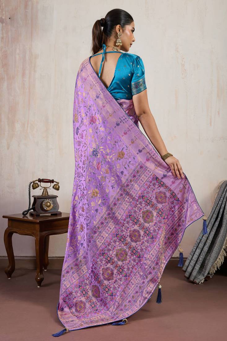Lavender satin & makhmal meena triple woven saree with blouse