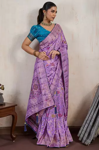 Lavender satin & makhmal meena triple woven saree with blouse