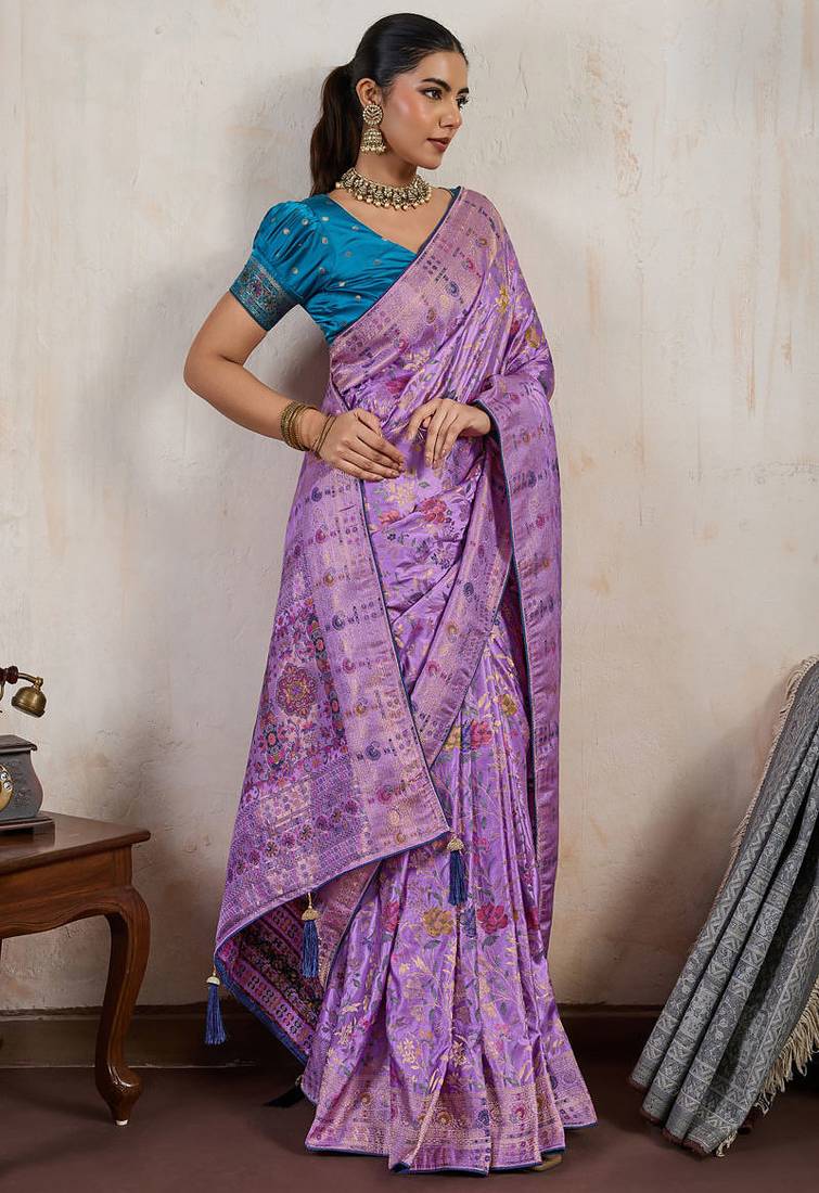Lavender satin & makhmal meena triple woven saree with blouse