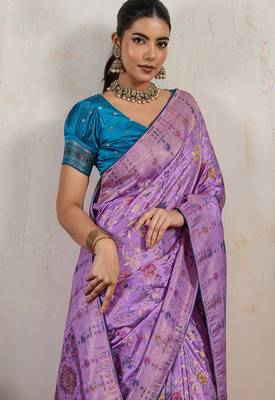 Lavender satin & makhmal meena triple woven saree with blouse 4