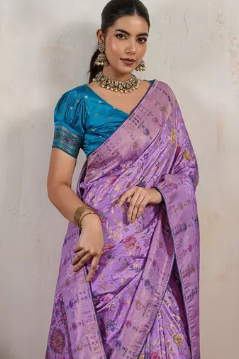 Lavender satin & makhmal meena triple woven saree with blouse