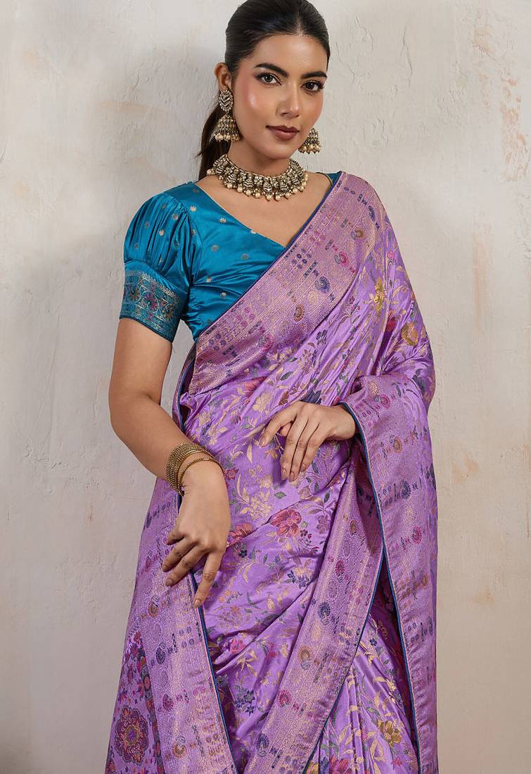 Lavender satin & makhmal meena triple woven saree with blouse