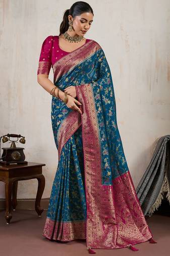 Teal blue satin & makhmal meena triple woven saree with blouse