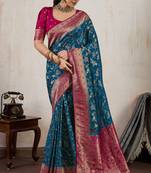 Teal blue satin & makhmal meena triple woven saree with blouse