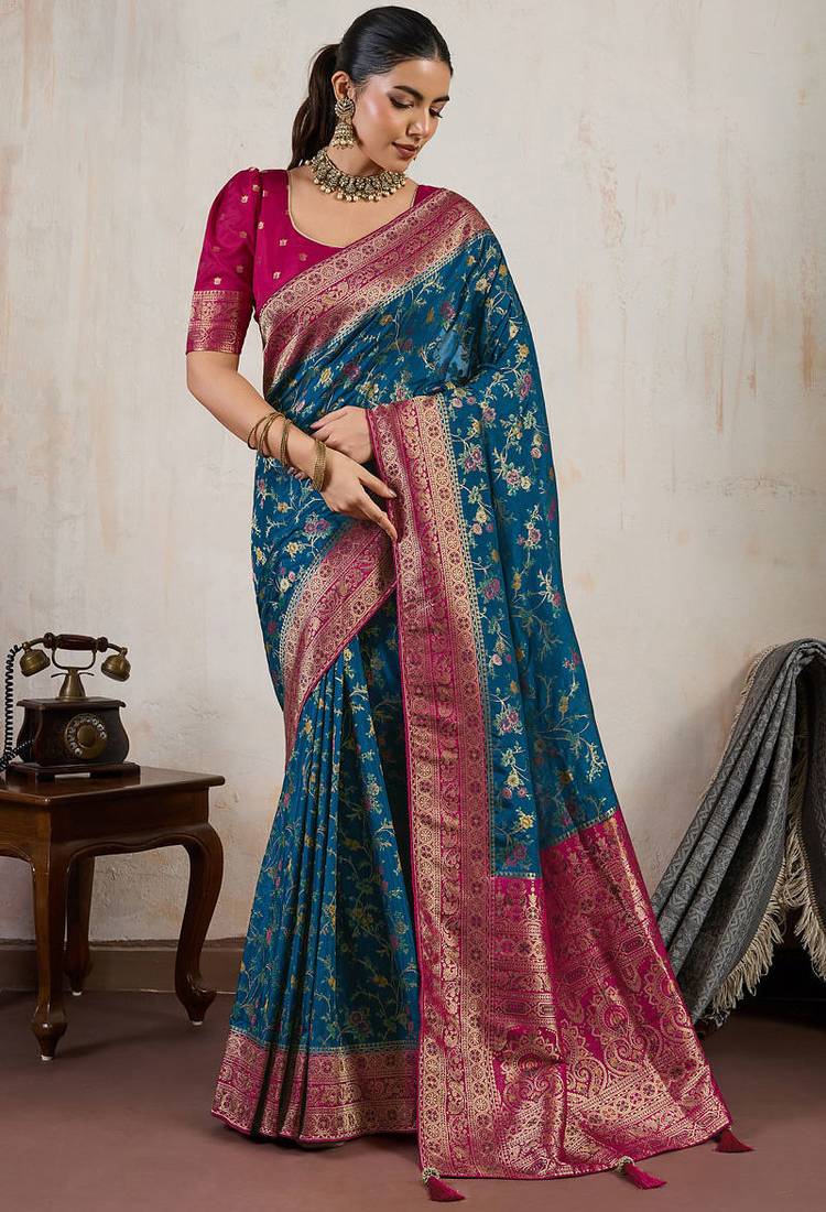 Teal blue satin & makhmal meena triple woven saree with blouse