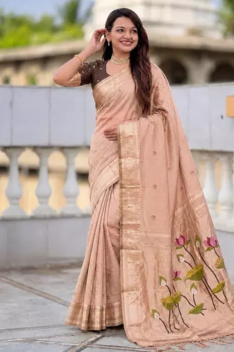 Peach cotton silk saree with colorful floral weaving pallu with blouse