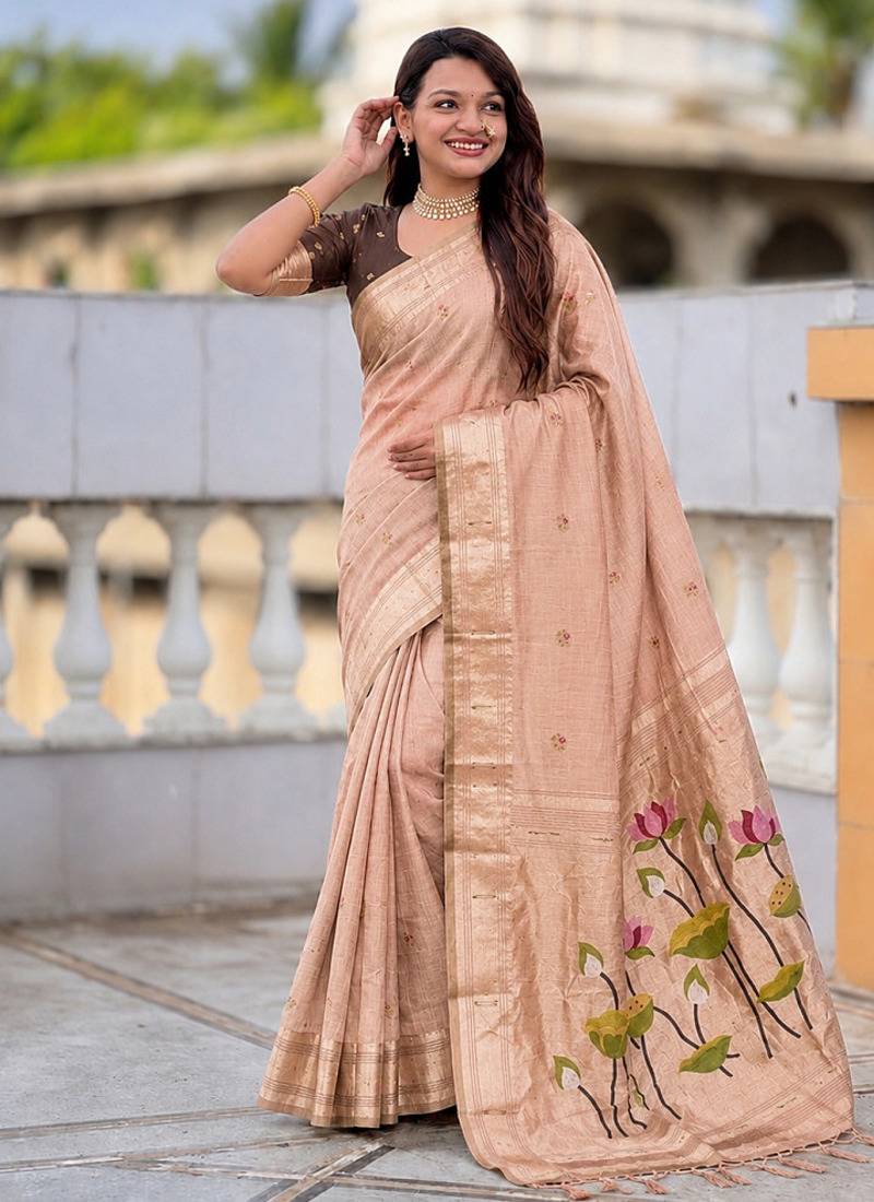 Peach cotton silk saree with colorful floral weaving pallu with blouse