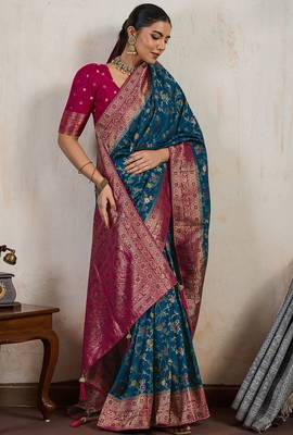 Teal blue satin & makhmal meena triple woven saree with blouse 2