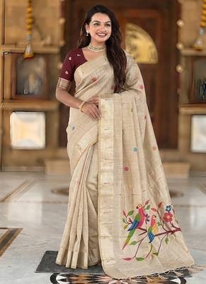 Cream cotton silk saree with traditional bird motifs pallu with blouse 1