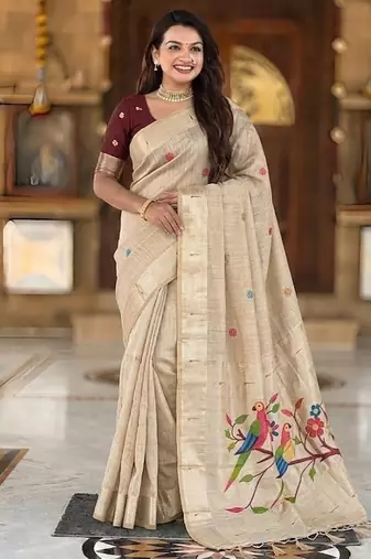 Cream cotton silk saree with traditional bird motifs pallu with blouse