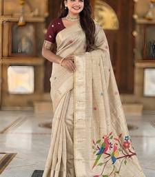 Cream cotton silk saree with traditional bird motifs pallu with blouse
