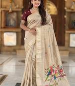 Cream cotton silk saree with traditional bird motifs pallu with blouse