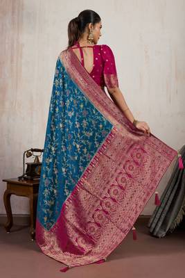 Teal blue satin & makhmal meena triple woven saree with blouse 3