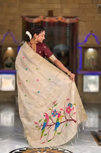Cream cotton silk saree with traditional bird motifs pallu with blouse