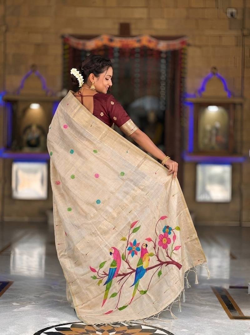 Cream cotton silk saree with traditional bird motifs pallu with blouse