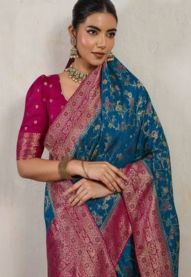 Teal blue satin & makhmal meena triple woven saree with blouse 4