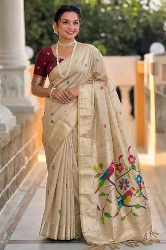 Cream cotton silk saree with traditional bird motifs pallu with blouse