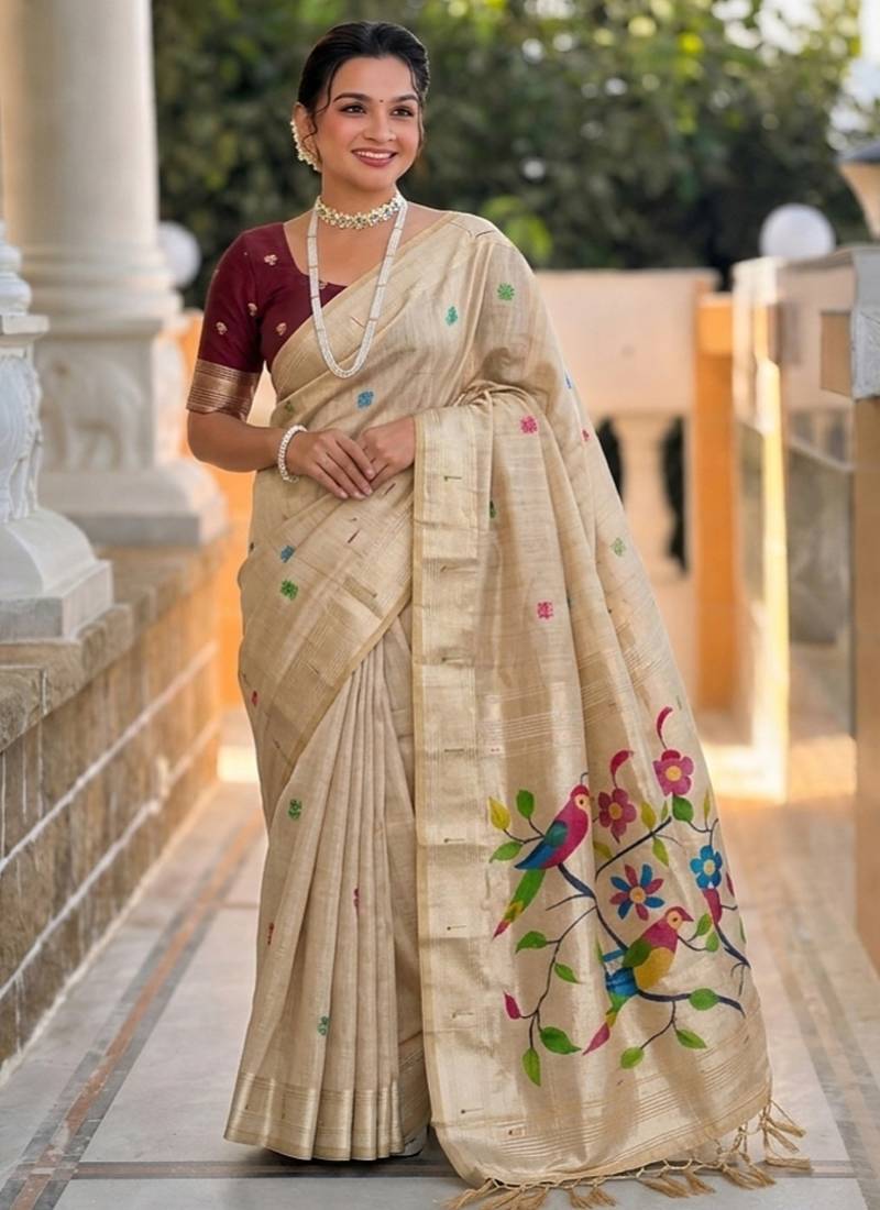 Cream cotton silk saree with traditional bird motifs pallu with blouse
