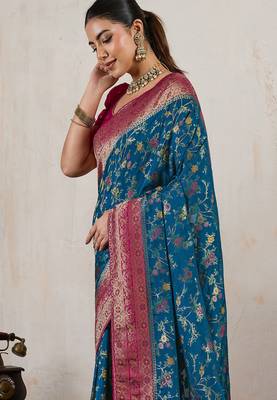 Teal blue satin & makhmal meena triple woven saree with blouse 5