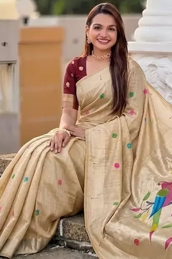 Cream cotton silk saree with traditional bird motifs pallu with blouse