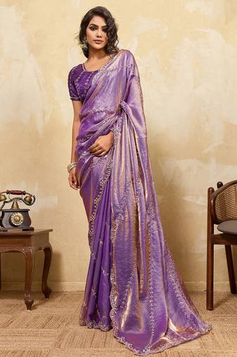 Purple metallic velvet satin cutdana-beads, sequins, zari work saree with blouse