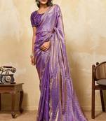 Purple metallic velvet satin cutdana-beads, sequins, zari work saree with blouse