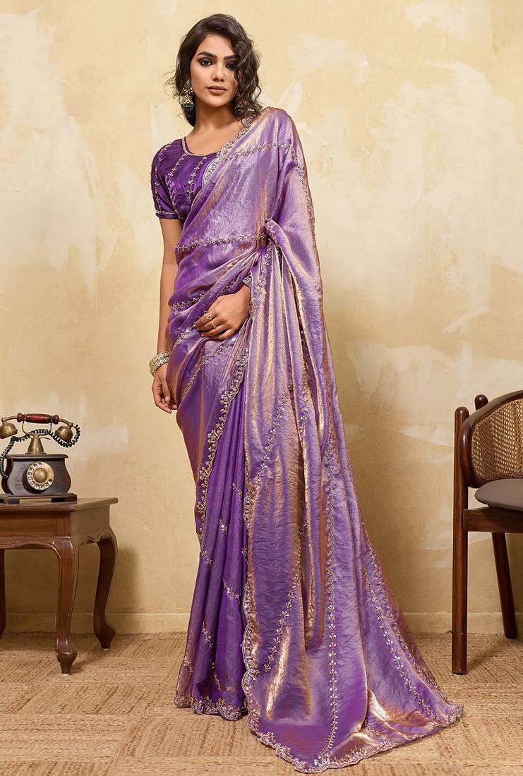 Purple metallic velvet satin cutdana-beads, sequins, zari work saree with blouse